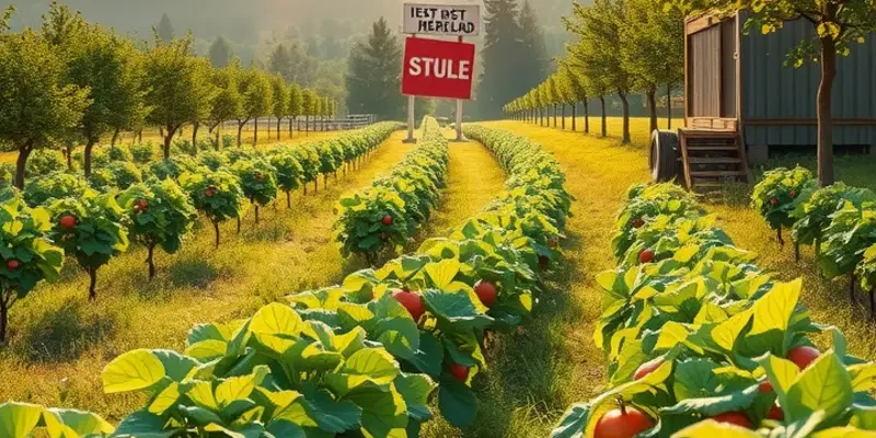 A vivid landscape filled with organic produce under soft, warm sunlight.