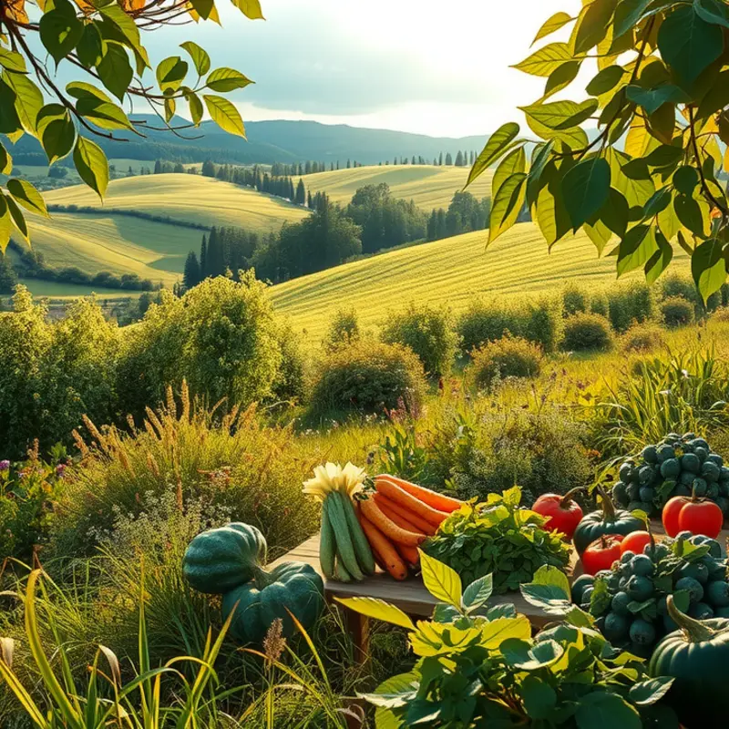 A vibrant field showcasing the abundance of organic produce, including cauliflower.