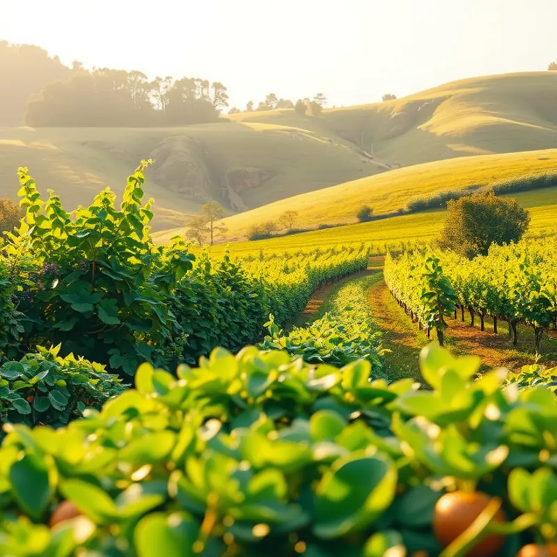 A sunlit field showcasing vibrant celery and other organic vegetables in a lush landscape.