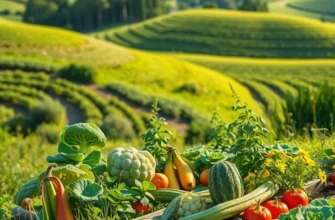 Photorealistic landscape of a sunlit field filled with fresh organic produce, symbolizing cheese cultures.