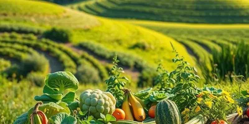 Photorealistic landscape of a sunlit field filled with fresh organic produce, symbolizing cheese cultures.