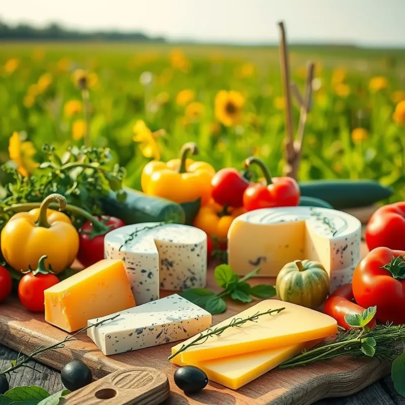 A colorful spread of cheese varieties among fresh vegetables and herbs.