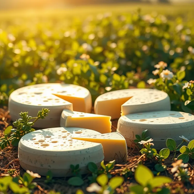 Cheese varieties displayed in a scenic, natural setting.