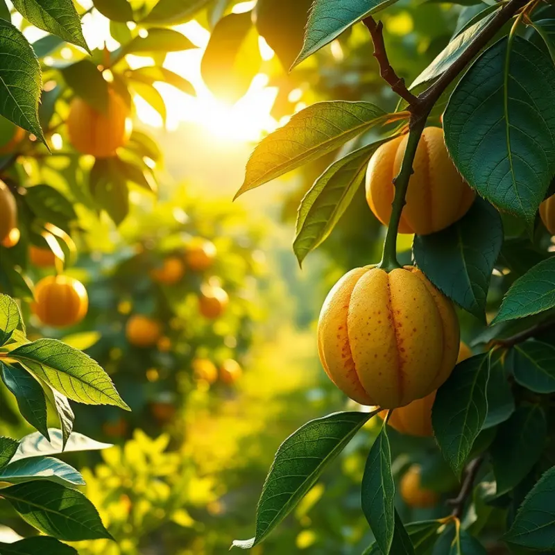 A sunny cherimoya orchard filled with vibrant fruits and lush greenery.