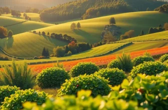 A bright and inviting field of organic fruits and vegetables under a sunny sky, symbolizing healthy nutrition.