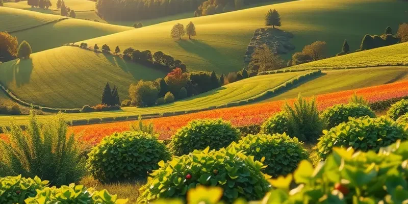 A bright and inviting field of organic fruits and vegetables under a sunny sky, symbolizing healthy nutrition.
