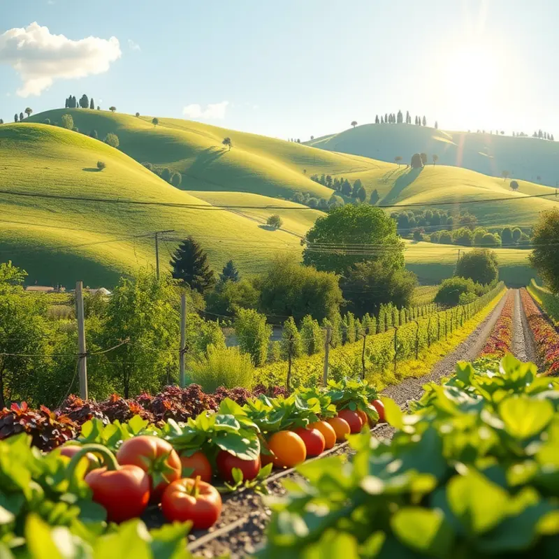 A sunlit scene of vibrant vegetables and fruits in an organic orchard.