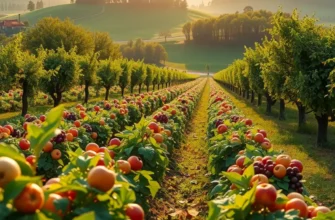 A sunlit landscape featuring an abundance of fruits and vegetables, symbolizing the freshness and quality of cooking.