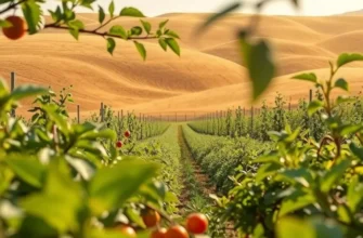 A bright, organic landscape filled with fruits and vegetables, showcasing sustainable farming.