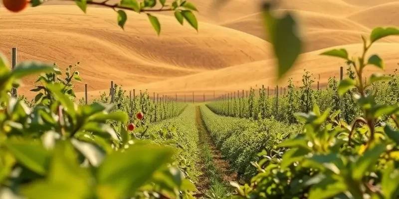 A bright, organic landscape filled with fruits and vegetables, showcasing sustainable farming.