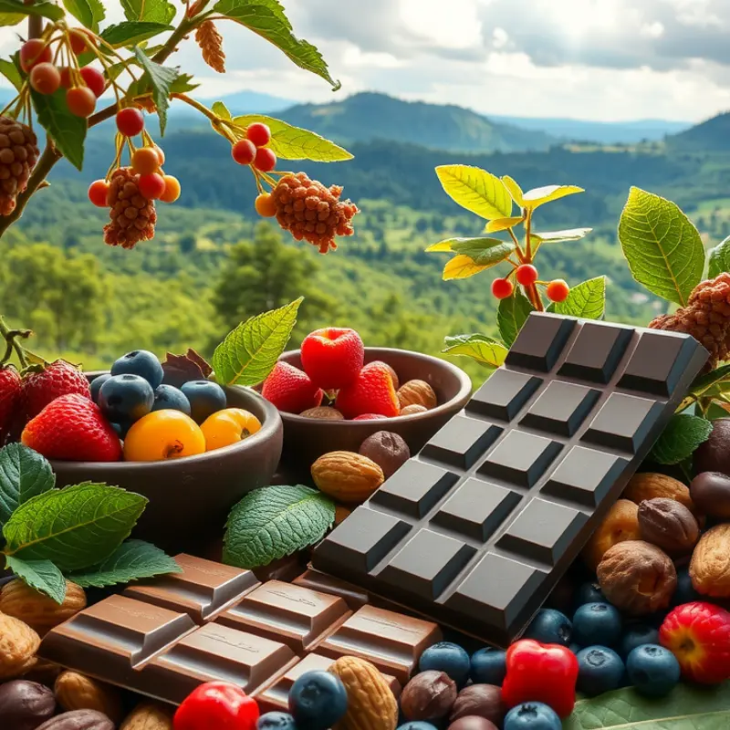 A vibrant cocoa tree field symbolizing the source of dark chocolate.