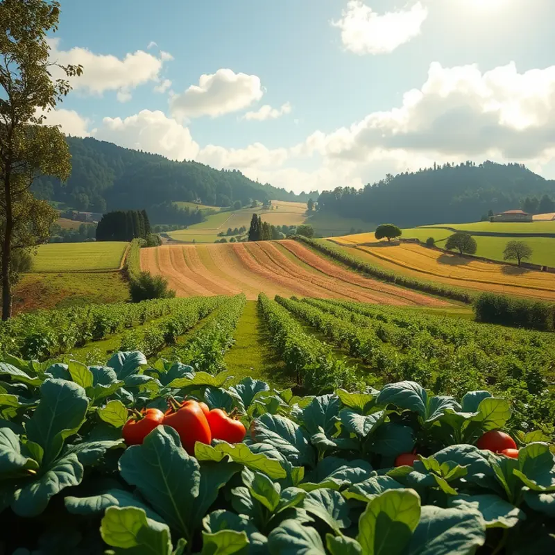 A sunlit orchard filled with vibrant vegetables ready for harvest.