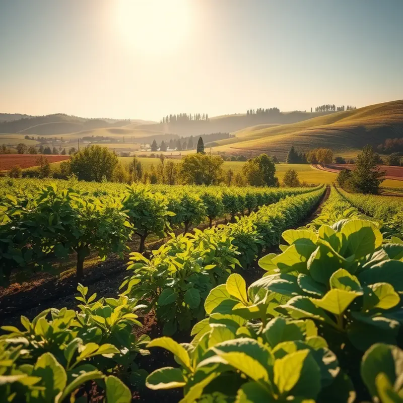 A scenic view of a sunlit orchard bursting with fresh produce.
