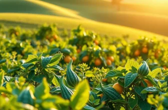 A scenic view of a sunlit field filled with organic produce and cilantro plants, representing health and abundance.