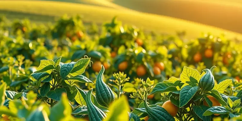 A scenic view of a sunlit field filled with organic produce and cilantro plants, representing health and abundance.