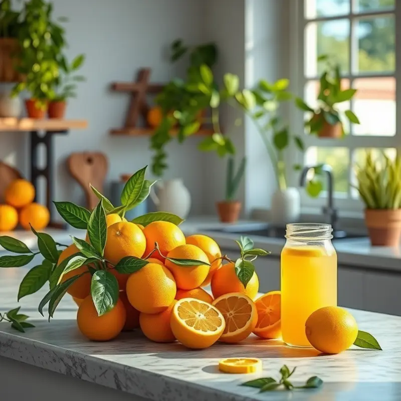 A vibrant citrus orchard under warm sunlight, representing optimal growing and storage conditions.