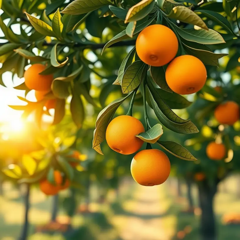 A vibrant citrus orchard under warm sunlight, representing optimal growing and storage conditions.