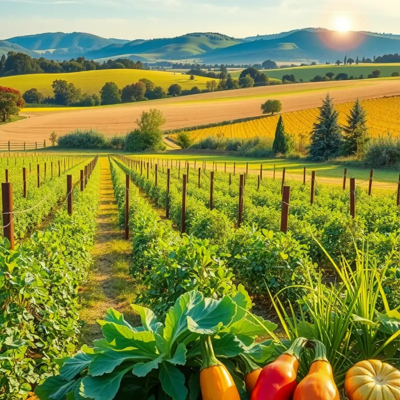 Sunlit field showcasing vibrant vegetables and fruits.