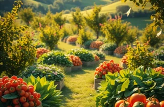 A scenic view of a sunlit field filled with healthy, ripe, organic produce among lush green hills.