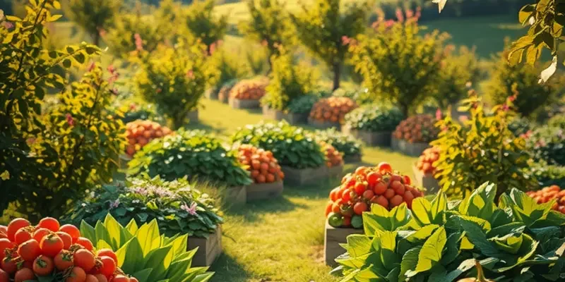 A scenic view of a sunlit field filled with healthy, ripe, organic produce among lush green hills.