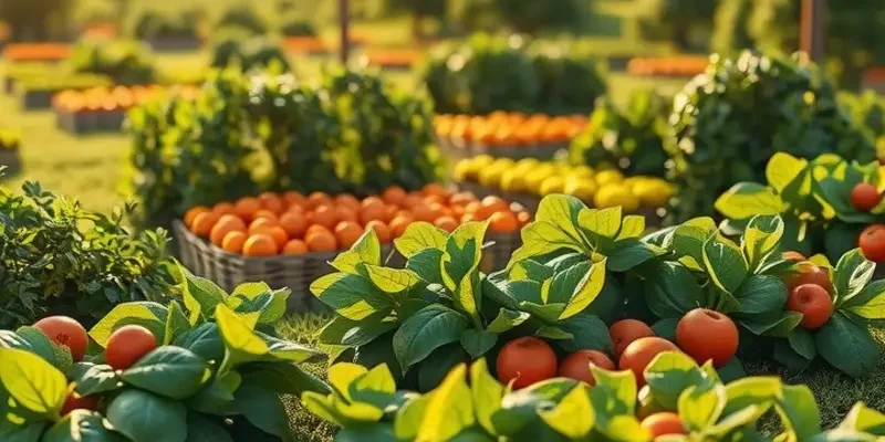 A vibrant orchard showcasing the abundance of nature's organic fruits and vegetables.