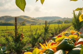 A lush landscape showcasing healthy organic produce in a natural and serene environment.