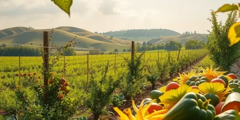 A lush landscape showcasing healthy organic produce in a natural and serene environment.