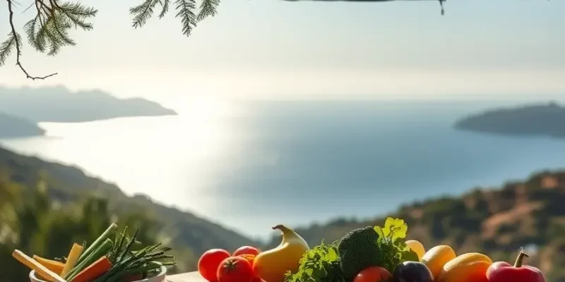 A scenic orchard filled with vibrant vegetables and fruits in a sunlit field.