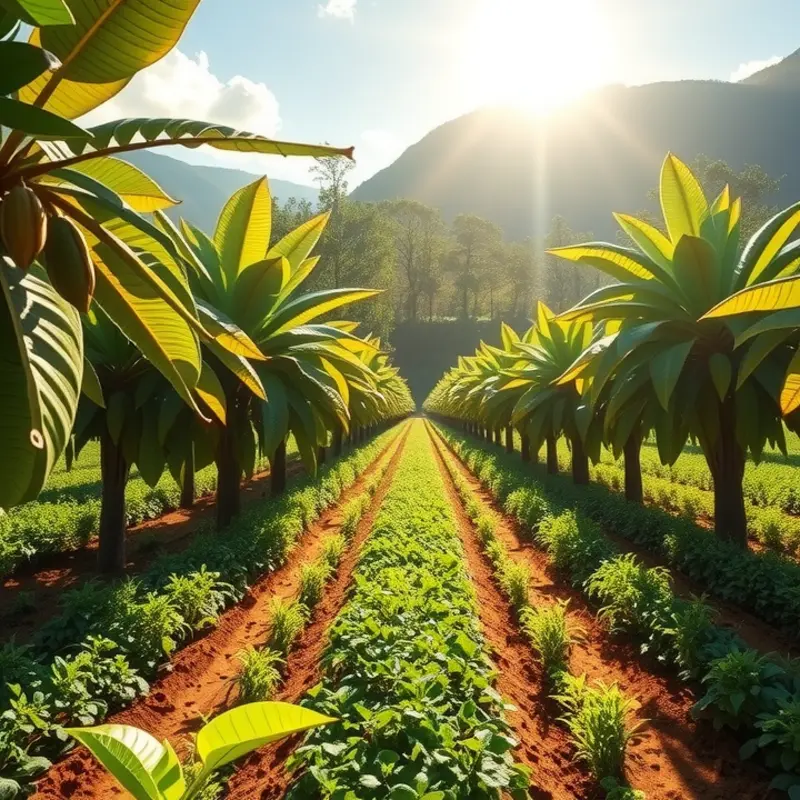 A vibrant cocoa tree field symbolizing the source of dark chocolate.