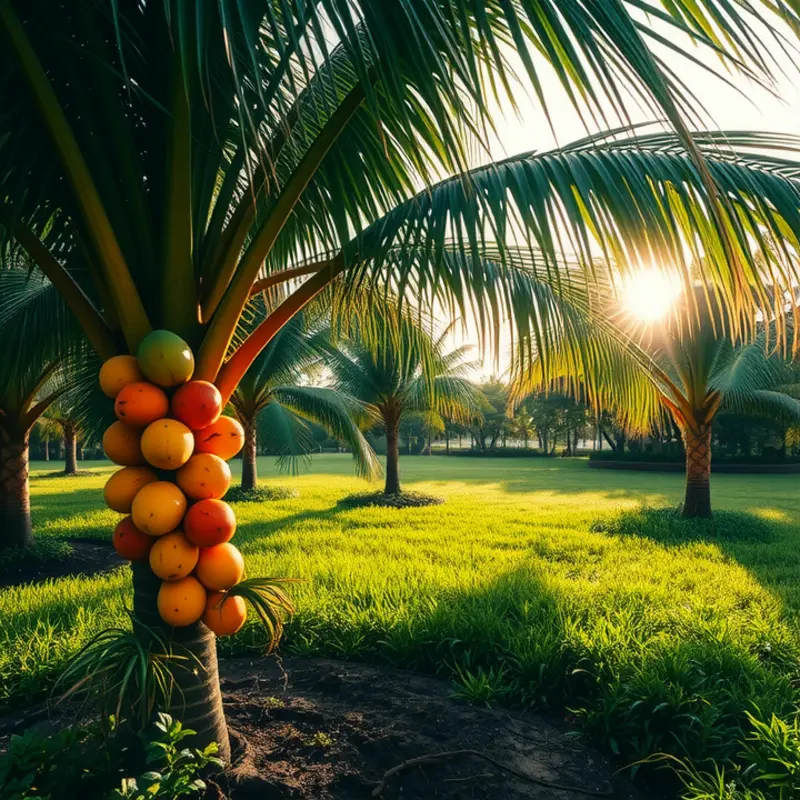 A refreshing coconut grove with lush greenery and bright fruits.