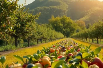 A sunlit orchard filled with an abundance of fresh vegetables and fruits surrounded by nature.