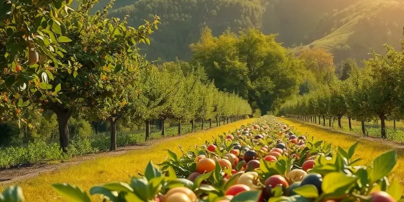 A sunlit orchard filled with an abundance of fresh vegetables and fruits surrounded by nature.