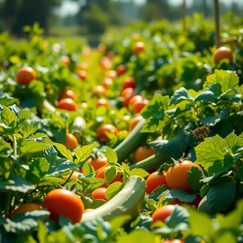 A sunlit field showcasing a variety of vibrant vegetables and fruits.