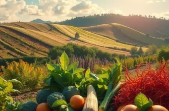 Photorealistic landscape displaying an array of colorful vegetables and fruits growing in a sunlit field surrounded by nature.