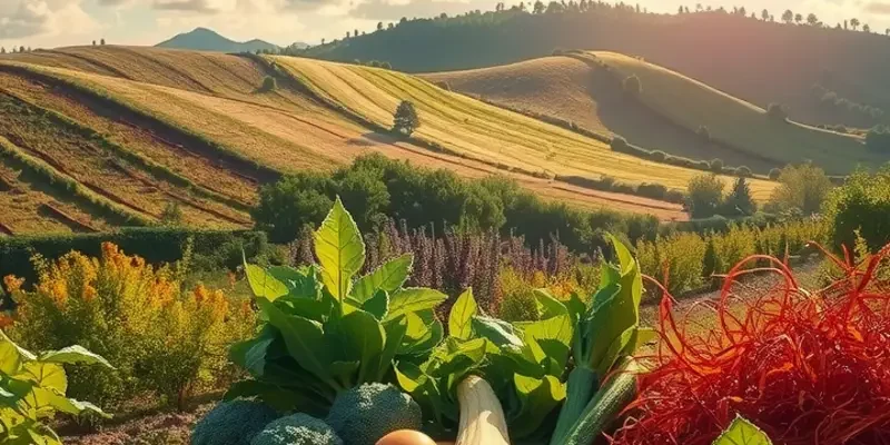 Photorealistic landscape displaying an array of colorful vegetables and fruits growing in a sunlit field surrounded by nature.