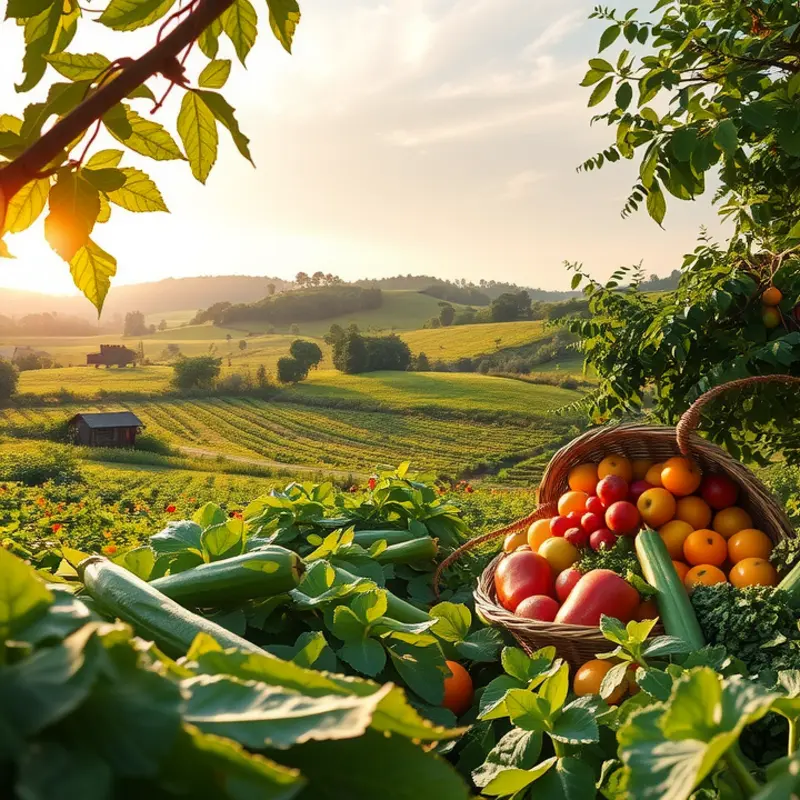 Vibrant organic produce in a sunlit orchard.