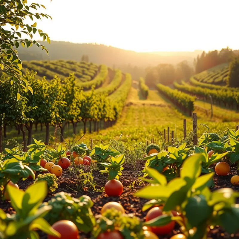 A vibrant sunlit field showcasing fresh vegetables and fruits.