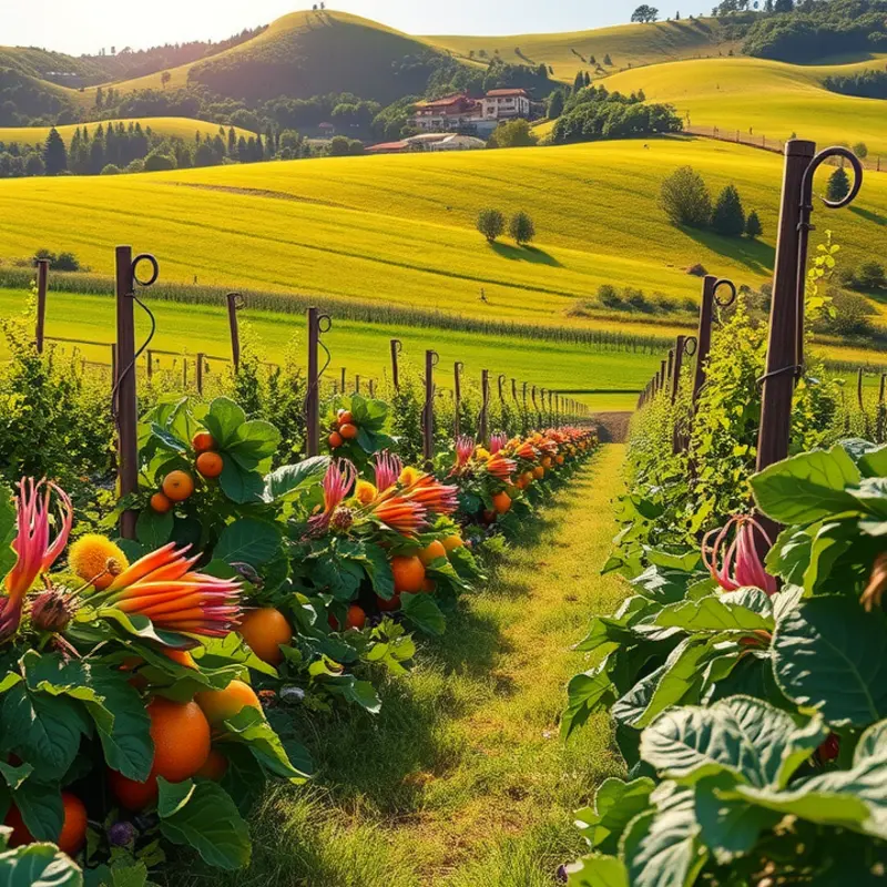 A sunlit garden showcasing an abundance of vibrant vegetables and fruits.
