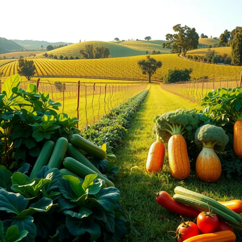 A serene view of a flourishing organic garden filled with vibrant vegetables and fruits.