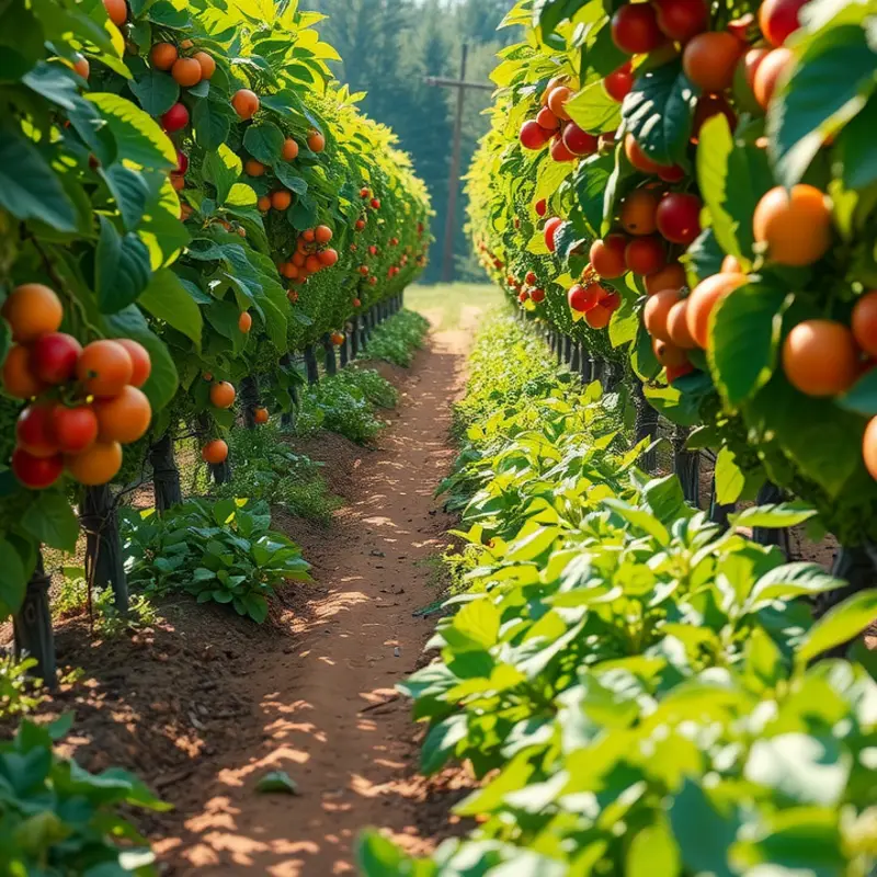 A vibrant assortment of fruits and vegetables growing naturally in an orchard.