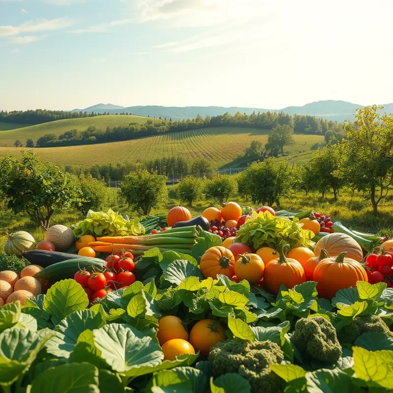 A vibrant, sunlit field showcasing organic vegetables and fruits.