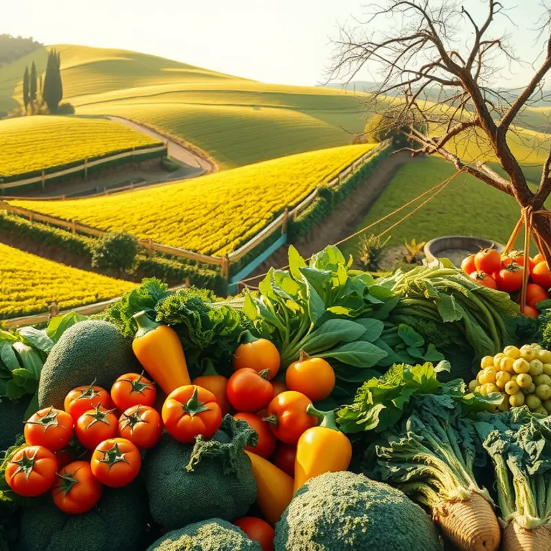 A vibrant, sunlit field showcasing fresh organic vegetables and fruits.