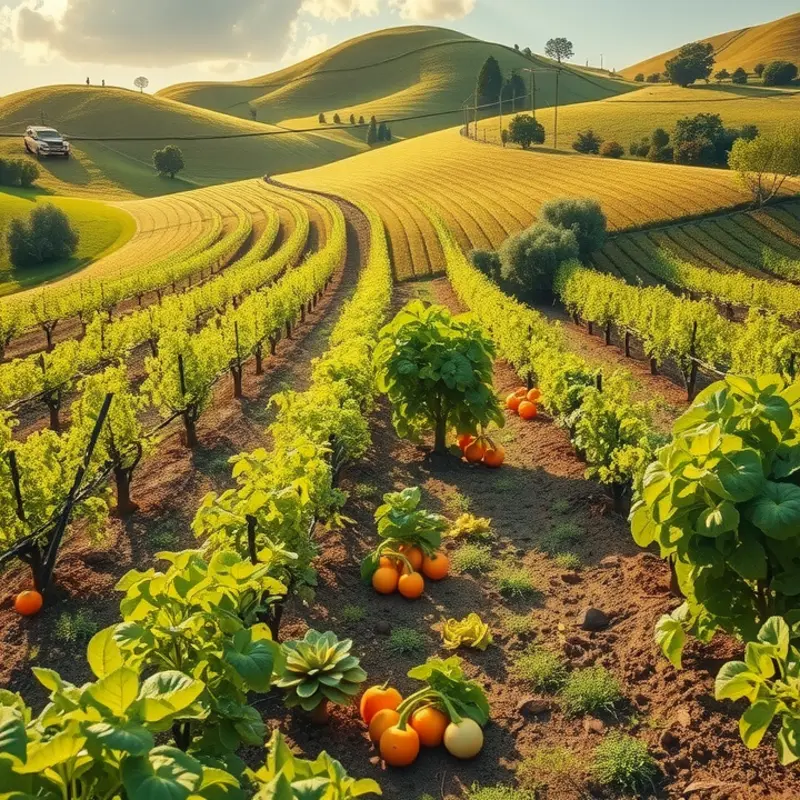 A picturesque sunlit field showcasing vibrant vegetables and fruits.