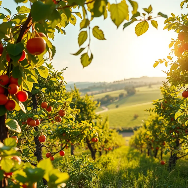 A vibrant sunlit orchard showcasing an abundance of organic vegetables and fruits.