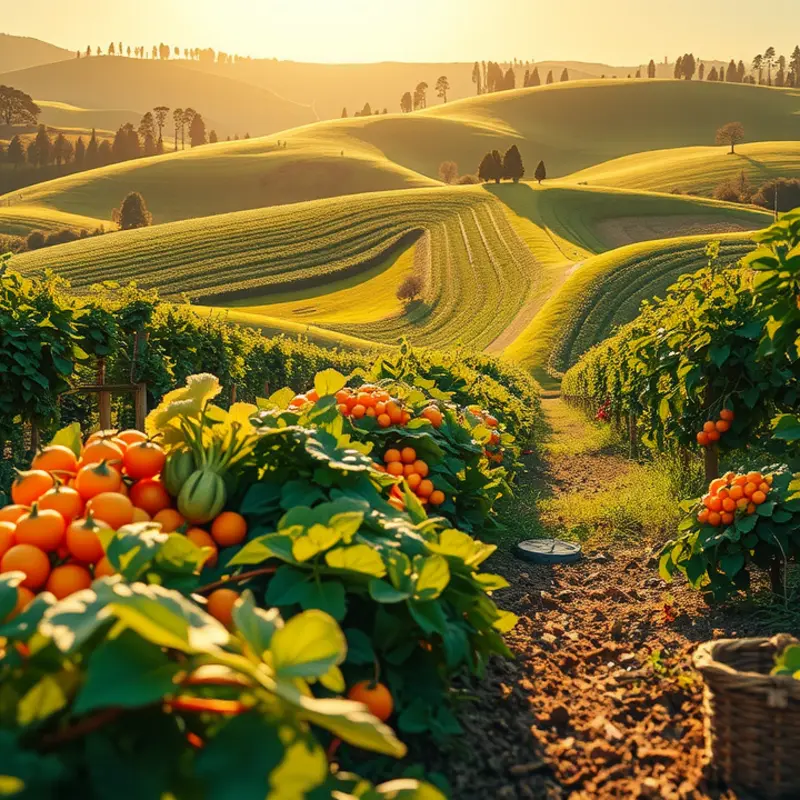 A sunlit field showcasing vibrant fruits and vegetables.