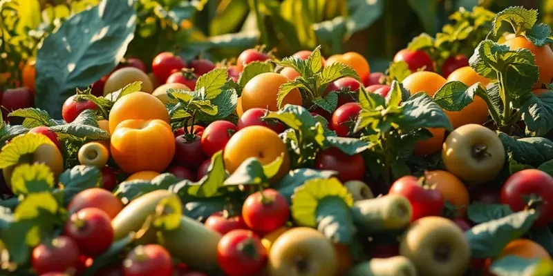 A panoramic view of a sunlit field filled with colorful fruits and vegetables, highlighting health.