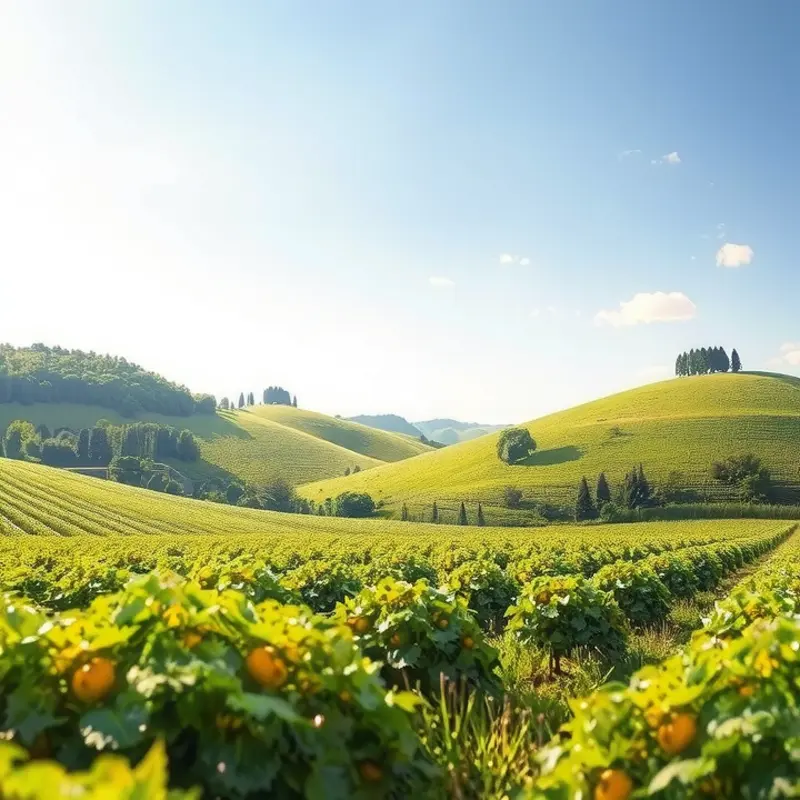 A picturesque sunlit field abundant with vibrant vegetables and fruits.