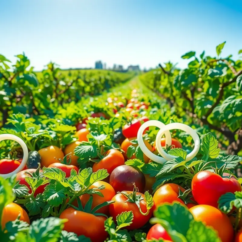 A sunlit field showcasing vibrant vegetables and lush greenery.