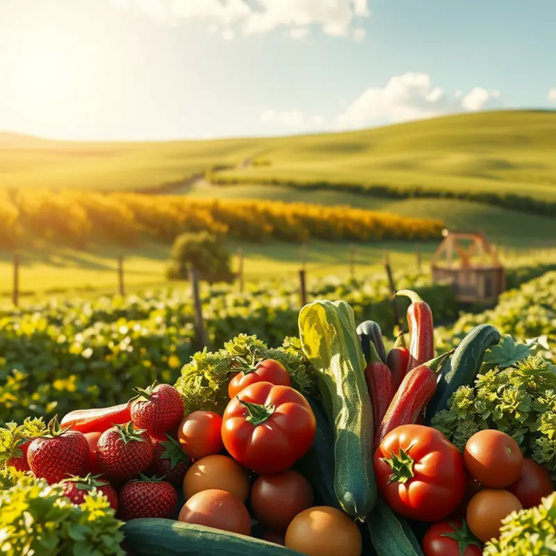 Fresh organic produce in a sunlit orchard.