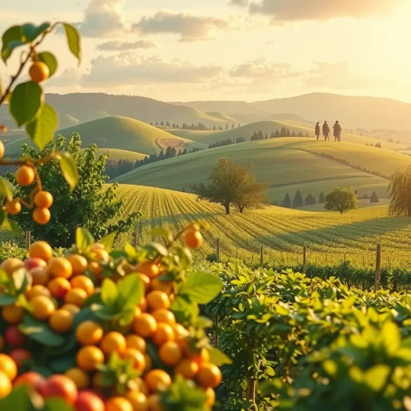 A serene landscape depicting fresh, vibrant produce growing abundantly in nature.